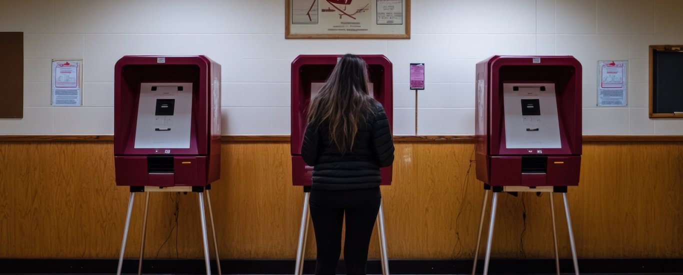 Women in front of voting machines